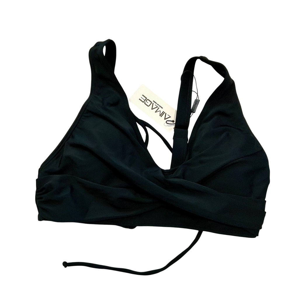 NWT AIMAGE Black Wrap Front Lace Up Back Bikini Swim Top Size M Minimalist Chic